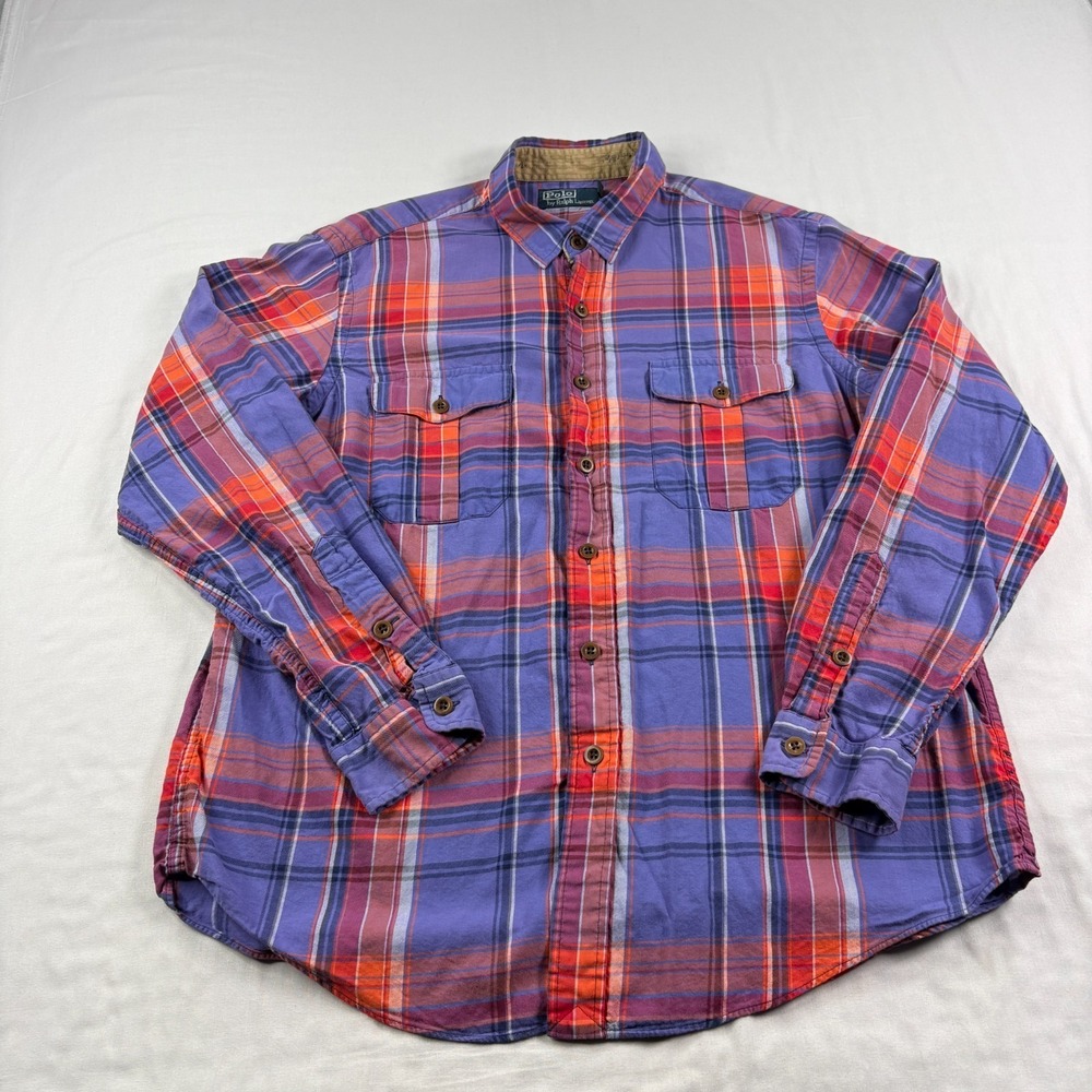 Vintage Polo Ralph Lauren Shirt Mens XL Purple Plaid Double Pockets Western 90s